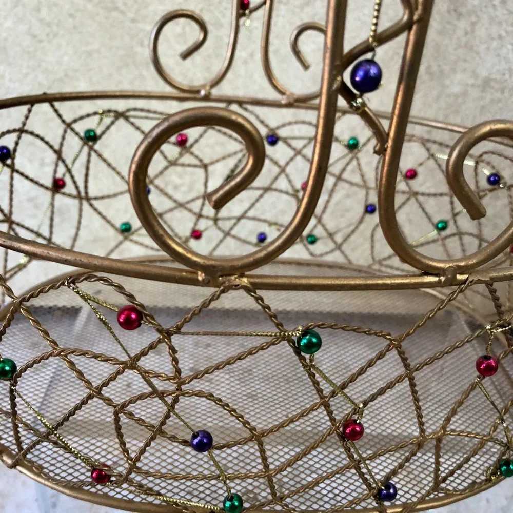 Pier 1 Gold Wired Red Green Purple Beads Tray Basket Storage Decor 11' x 9